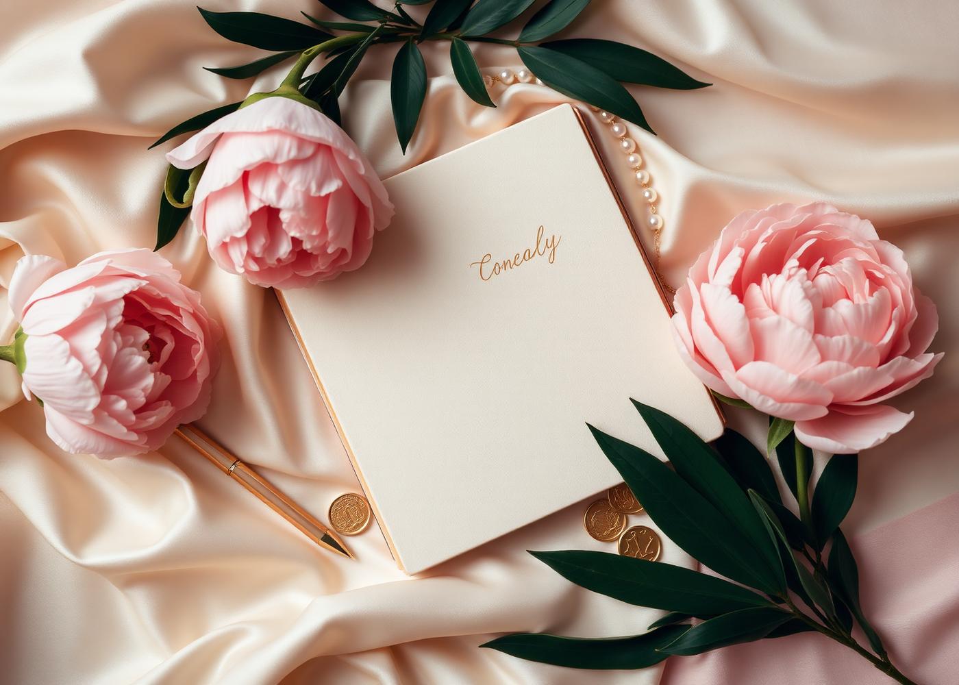 Cream silk, pink peonies, gold pen and journal